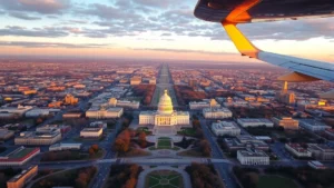 Aerial view of Washington DC monuments and streets from airplane window during golden hour sunset, showing Capitol Building and National Mall below