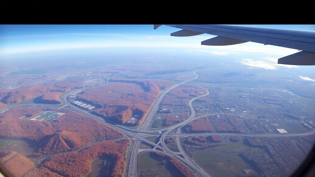 Northeast Corridor landscape from airplane window showing Washington DC to Boston route, cities, highways, and autumn foliage transitioning through seasons