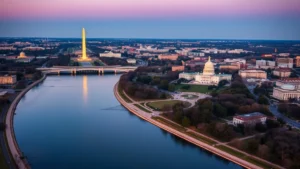 Aerial view of Washington DC monuments and Potomac River at golden hour with clear skies and city lights beginning to twinkle