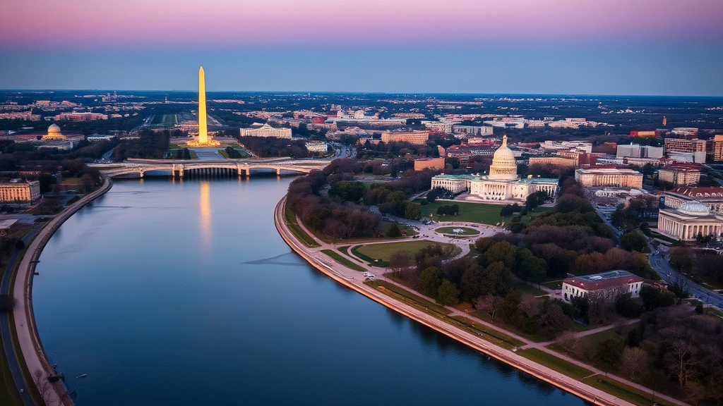 Aerial view of Washington DC monuments and Potomac River at golden hour with clear skies and city lights beginning to twinkle