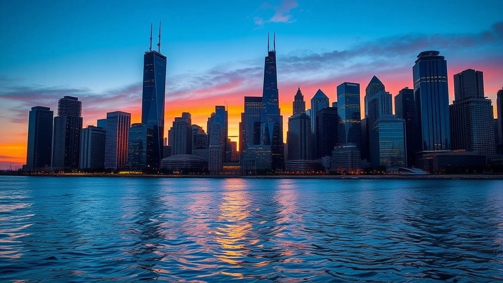 Chicago skyline with Lake Michigan reflecting modern architecture at sunset, featuring Willis Tower and contemporary high-rises