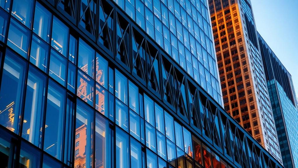 Architectural detail of Chicago's iconic building with geometric glass and steel patterns during golden hour