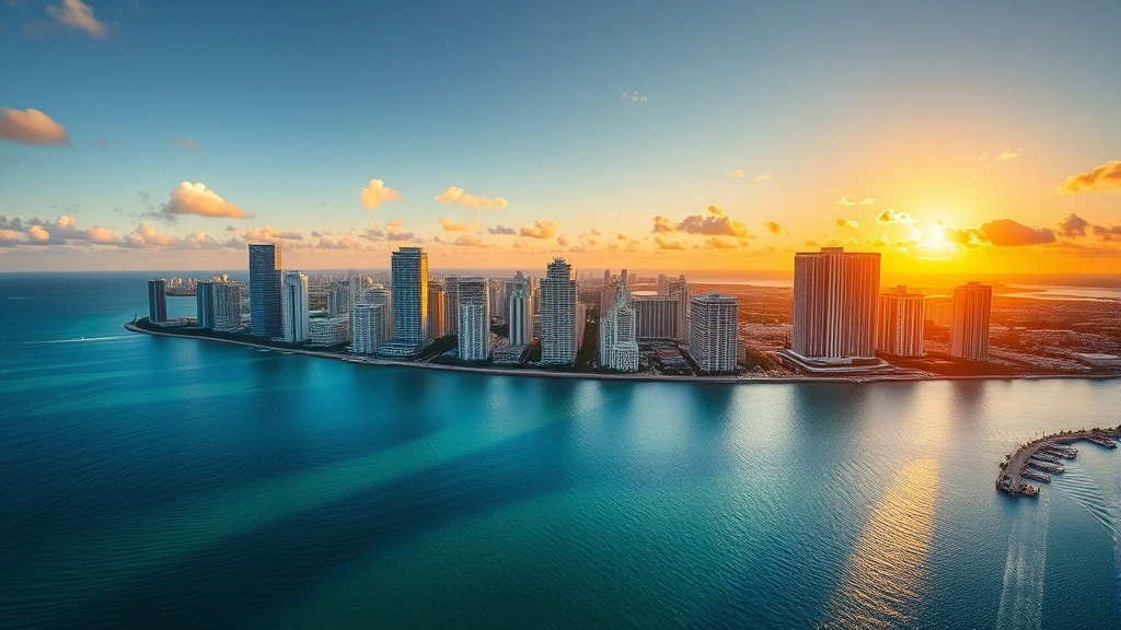 Aerial view of Miami skyline with turquoise ocean, downtown high-rises, and Biscayne Bay during golden hour sunset, photorealistic travel photography