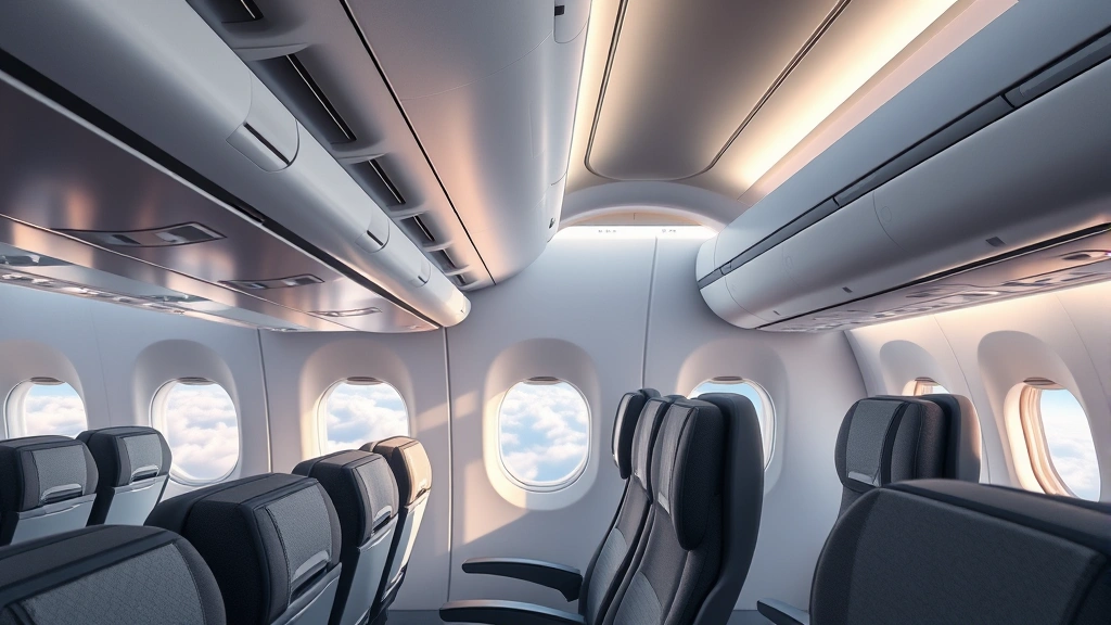 Modern airplane cabin interior with empty seats, overhead bins, and window showing clouds during flight, realistic commercial aircraft photography