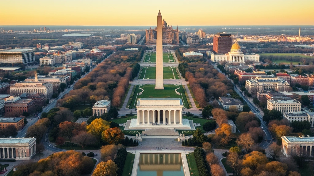 Washington DC monuments including Lincoln Memorial and Washington Monument visible from above during daytime, aerial cityscape photography