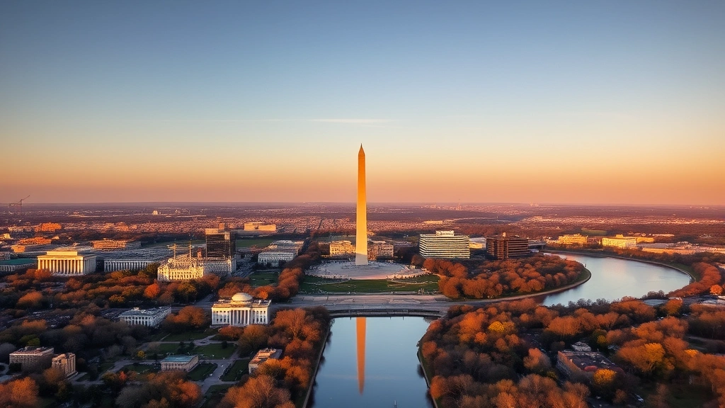 Aerial view of Washington DC skyline with monuments and Potomac River, golden hour lighting, professional cityscape photography, clear skies