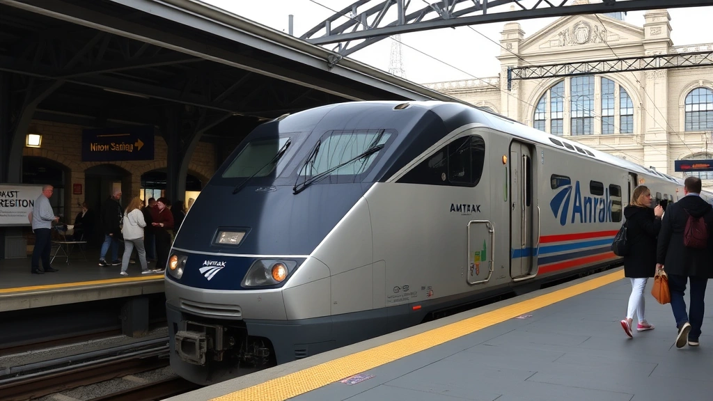 Amtrak Northeast Regional train at Union Station platform, sleek modern passenger train, travelers boarding, historic station architecture, daytime scene