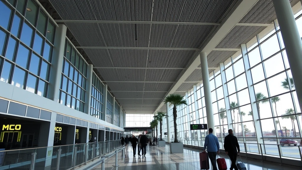 Modern Orlando International Airport MCO terminal interior with tall ceilings, contemporary architecture, palm trees visible through windows, bright natural lighting, travelers walking with luggage