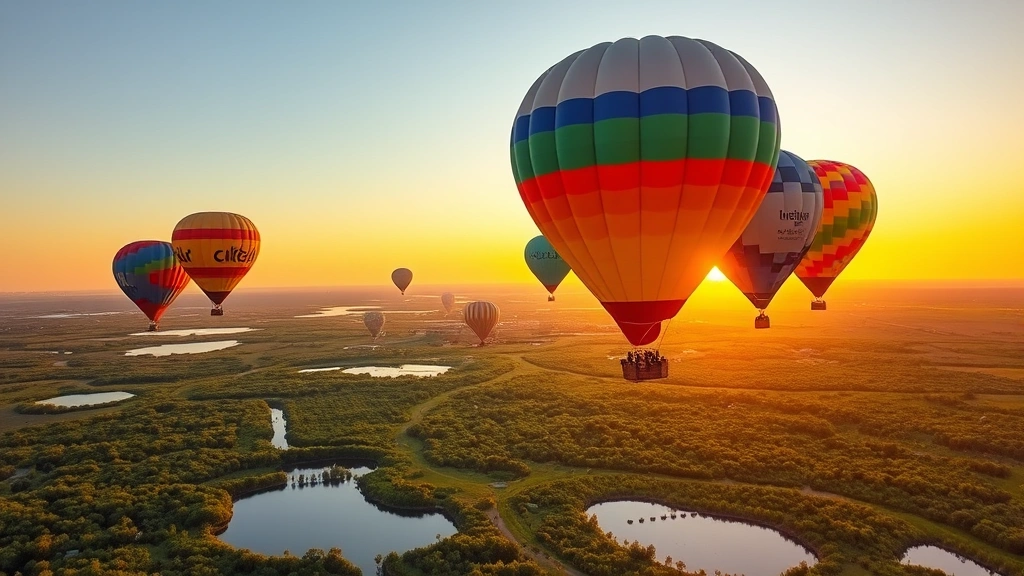 Colorful hot air balloons floating over Florida landscape at golden hour sunrise, lush green terrain and lakes visible below, vibrant balloon colors reflected in morning light