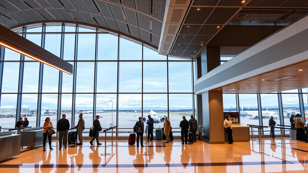 Washington Dulles International Airport departure area with modern design, travelers at check-in counters, large windows showing tarmac and aircraft, contemporary lighting and architecture