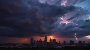 Dramatic dark thunderstorm clouds rolling over Atlanta skyline at dusk, lightning illuminating buildings, intense weather conditions, photorealistic, no text