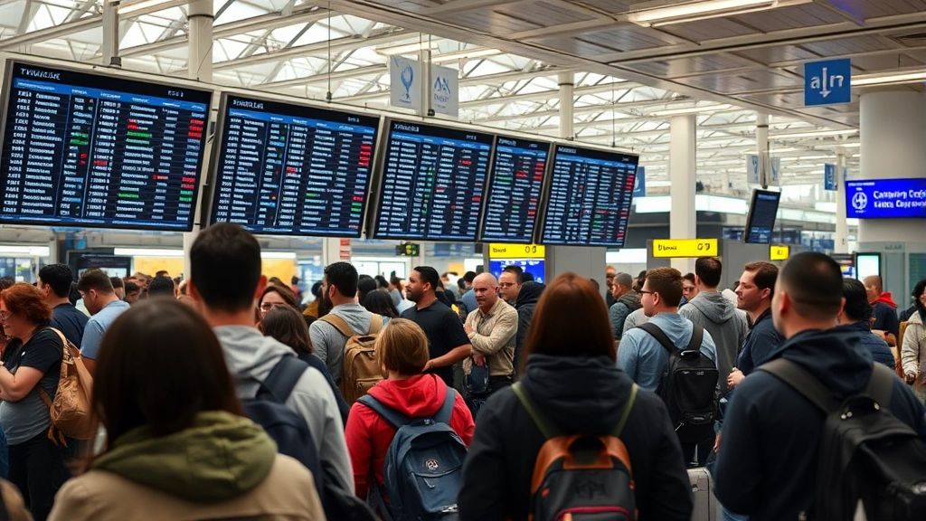 Busy airport terminal with many passengers checking flight information boards during weather disruption, diverse travelers waiting, airport infrastructure, professional photography, no signage text visible