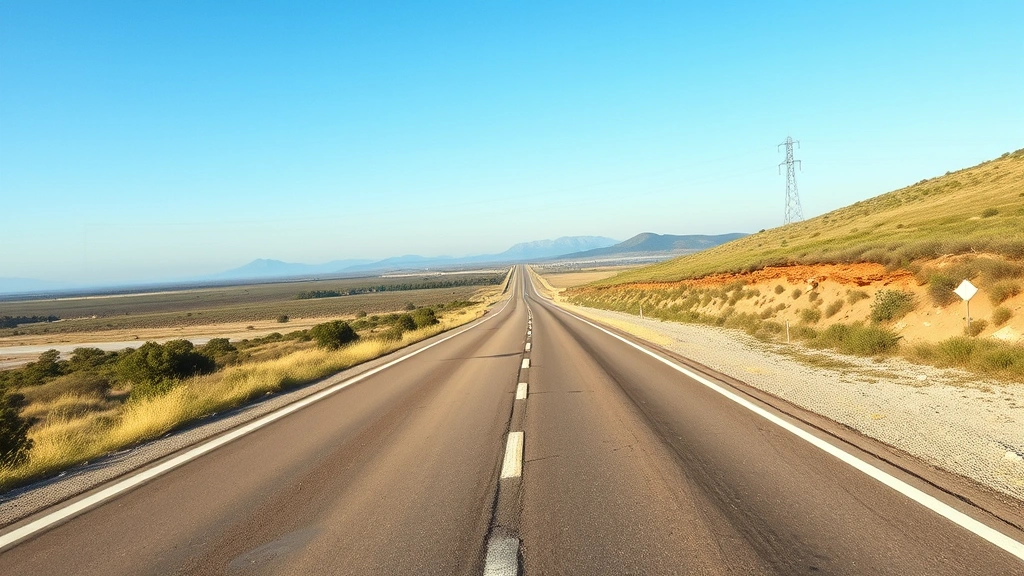 Scenic highway stretching through landscape with clear skies, alternative road trip route, peaceful driving scene, photorealistic travel alternative, no road signs with readable text