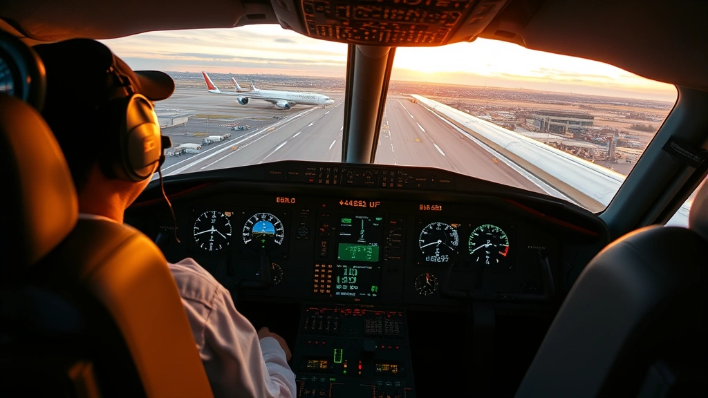 Modern commercial aircraft cockpit during approach to airport with detailed instrument panels visible, realistic lighting from golden hour, pilot hands on controls, professional aviation environment