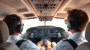 Modern commercial airplane cockpit interior with pilots at controls during flight, detailed instruments and displays visible, professional aviation environment, daytime natural lighting