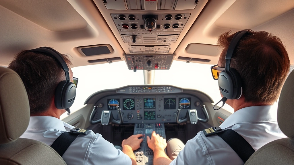 Modern commercial airplane cockpit interior with pilots at controls during flight, detailed instruments and displays visible, professional aviation environment, daytime natural lighting