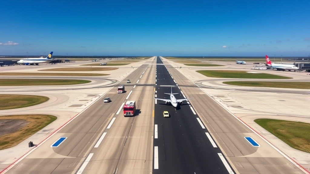 Jacksonville International Airport runway from aerial perspective showing emergency vehicles positioned along taxiway, clear weather conditions, modern airport infrastructure with aircraft in distance