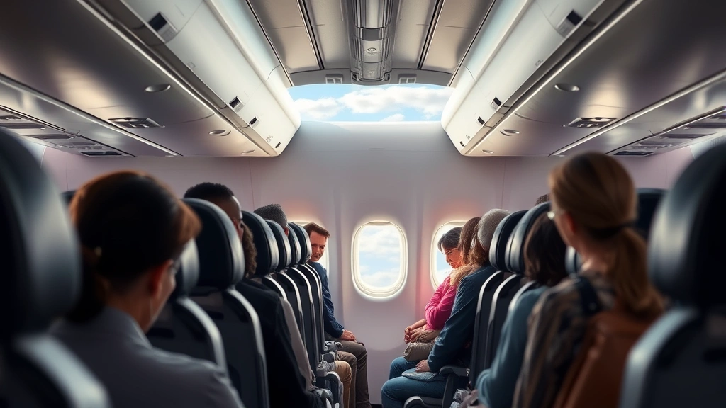 Commercial airline cabin interior during normal flight conditions with passengers seated, natural window lighting showing cloud formations outside, professional cabin environment with overhead compartments