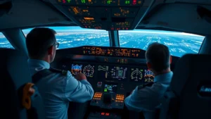 Commercial Boeing aircraft cockpit during flight with pilots monitoring instruments, professional lighting, realistic cockpit environment showing multiple screens and control panels