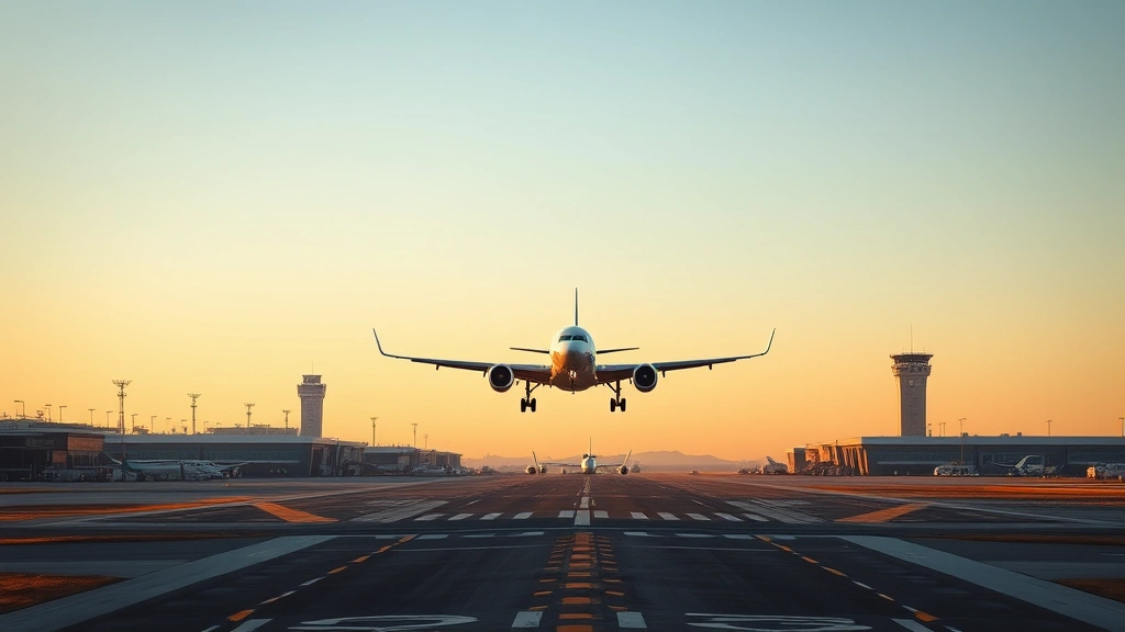 Boston Logan International Airport runway with aircraft landing during golden hour, clear sky, modern terminal buildings visible, dynamic aviation scene