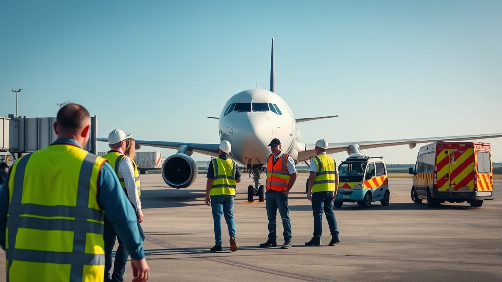 Airport ground crew in safety vests coordinating aircraft arrival with emergency response vehicles positioned nearby, professional airport operations scene during daylight