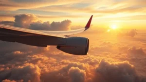 Wide-angle photograph of modern commercial aircraft in-flight during golden hour, cruising through partly cloudy sky, showing wing and engine clearly, atmospheric and serene travel mood