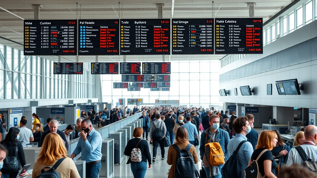 Bustling airport terminal interior with diverse passengers at customer service counters, digital flight information displays overhead, natural light from windows, realistic travel disruption scenario