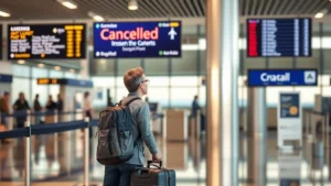 Frustrated passenger at airport terminal gate, holding luggage, looking at flight information display board showing canceled status, natural lighting, realistic travel scene