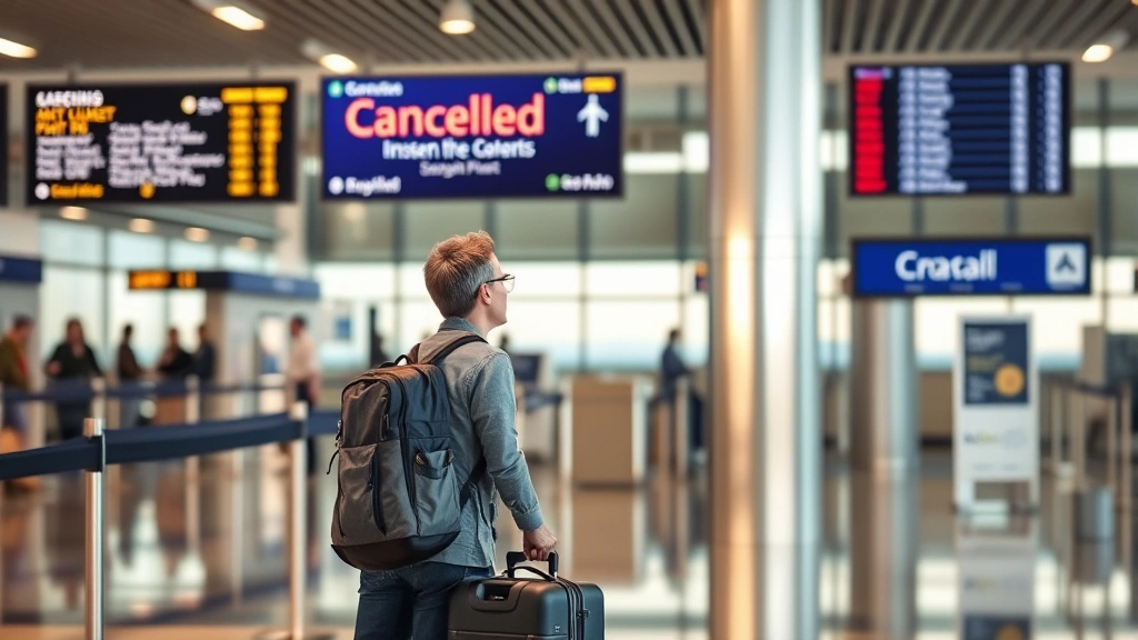 Frustrated passenger at airport terminal gate, holding luggage, looking at flight information display board showing canceled status, natural lighting, realistic travel scene