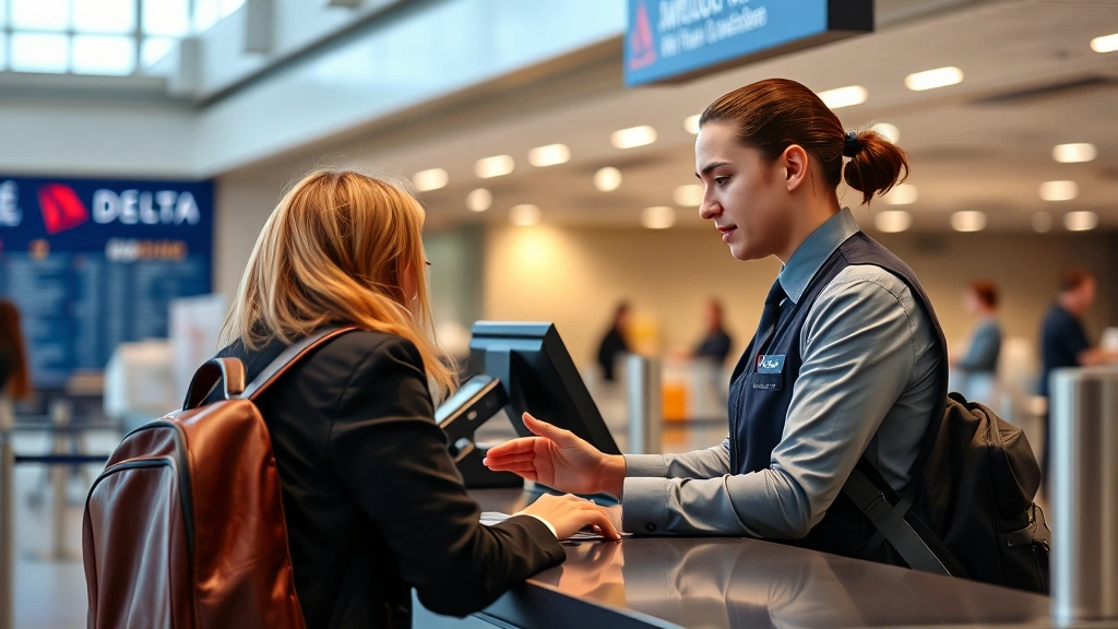 Delta airline customer service representative assisting passenger at ticketing counter, discussing rebooking options, professional airport environment with modern technology