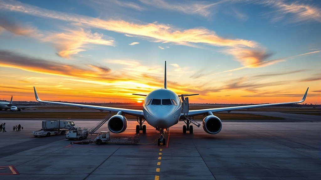 Aerial view of commercial aircraft on tarmac during sunset with ground crew, showcasing aviation operations and maintenance procedures before flight departure