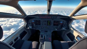 Modern Delta aircraft cockpit interior with pilot controls and instrument panels during daytime flight operations over clouds