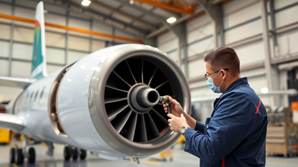 Aircraft maintenance technician inspecting turbine engine components in professional hangar facility with precision tools