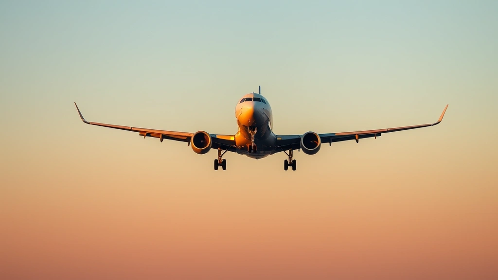 Commercial passenger aircraft climbing toward clear blue sky at sunset with landing gear retracting after takeoff