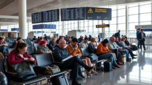 Diverse passengers sitting in modern airport terminal with flight information displays, natural lighting, some checking phones and documents, realistic travel scene