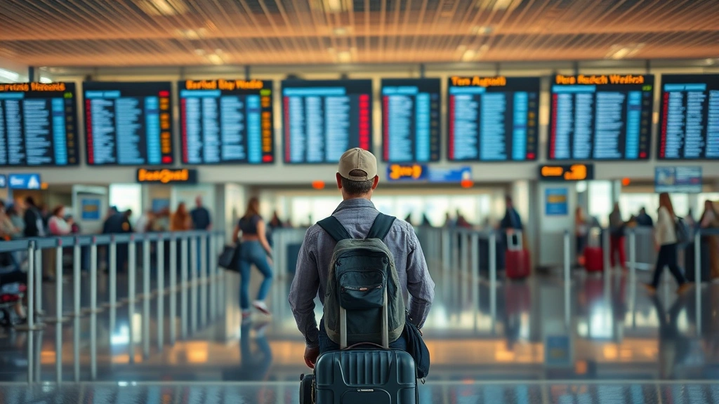 Stranded traveler with luggage at airport gate area, looking at departure boards, busy airport environment, afternoon light, authentic travel photography