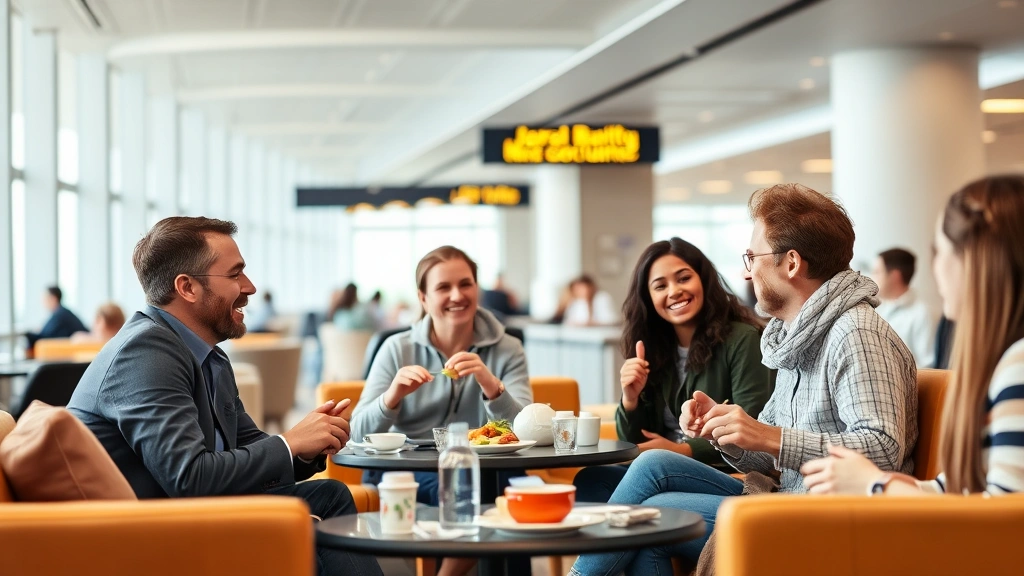 Group of travelers having conversation and sharing meals in airport lounge area, diverse group, comfortable seating, warm lighting, genuine human connection moment