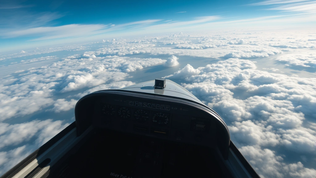Aerial view of commercial aircraft cockpit during daytime flight with clouds below, pilots visible through windscreen, realistic photography