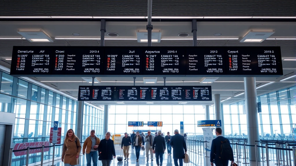 Modern airport terminal with departure boards and passengers walking, bright natural lighting, professional travel environment photography
