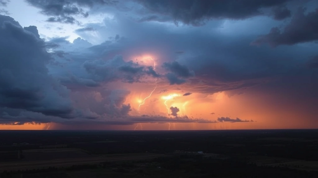 Thunderstorm clouds over landscape at sunset with dramatic lighting, showing weather conditions that cause flight diversions, atmospheric photography