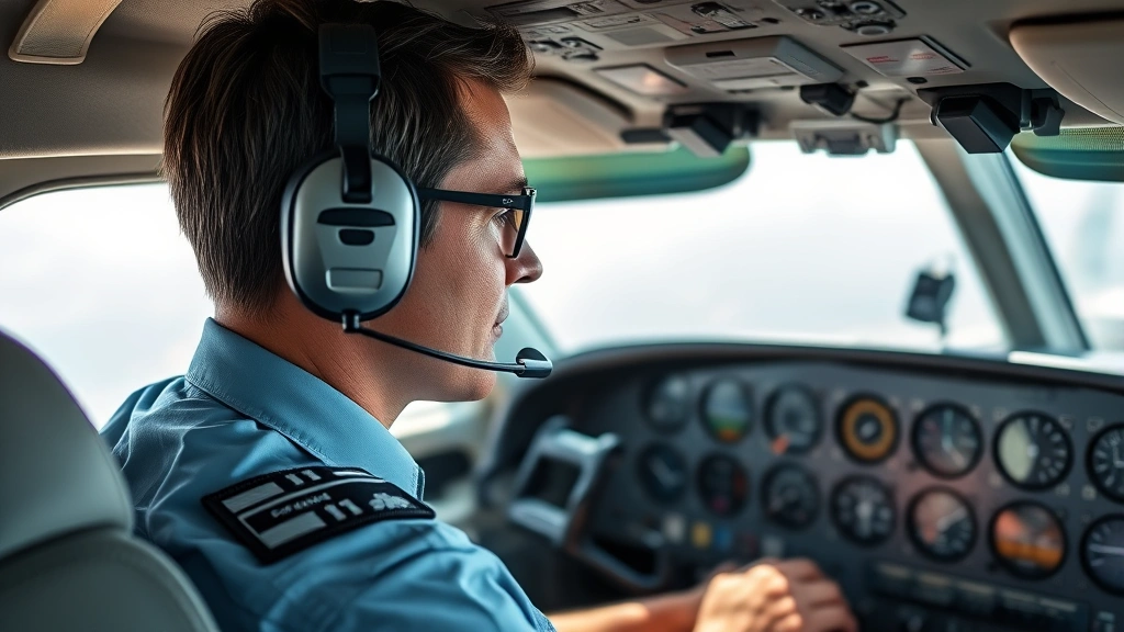 Commercial pilot in cockpit wearing headset, focused on instrument panel during flight, professional aviation environment, natural lighting, detailed controls visible