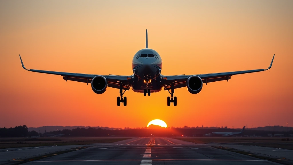 Modern commercial aircraft landing on runway during sunset, landing gear extended, clear skies, airport lights visible, dramatic approach angle