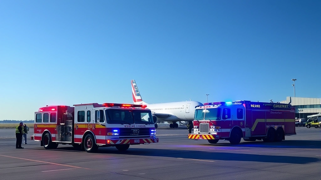 Emergency responders and fire trucks positioned on airport tarmac near runway, professional preparation, daylight, safety equipment ready