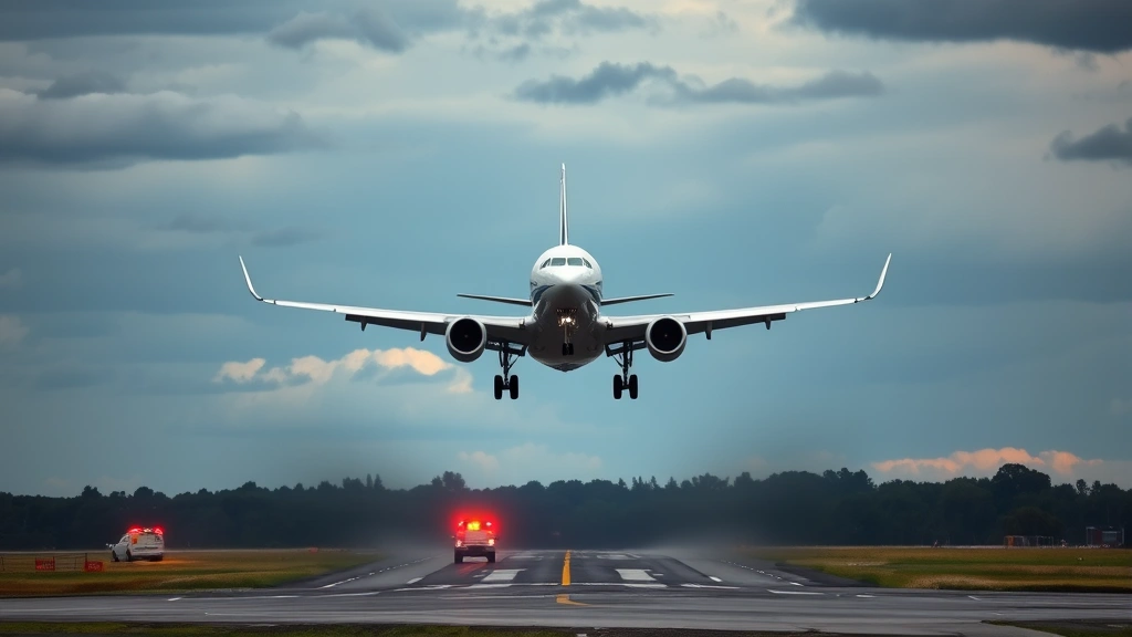 Commercial aircraft approaching runway for landing with emergency vehicles visible on tarmac below, dramatic sky, professional aviation photography