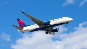 Commercial Delta Airlines aircraft in flight against blue sky with white clouds, professional aviation photography, daytime conditions, aircraft banking slightly to show fuselage design