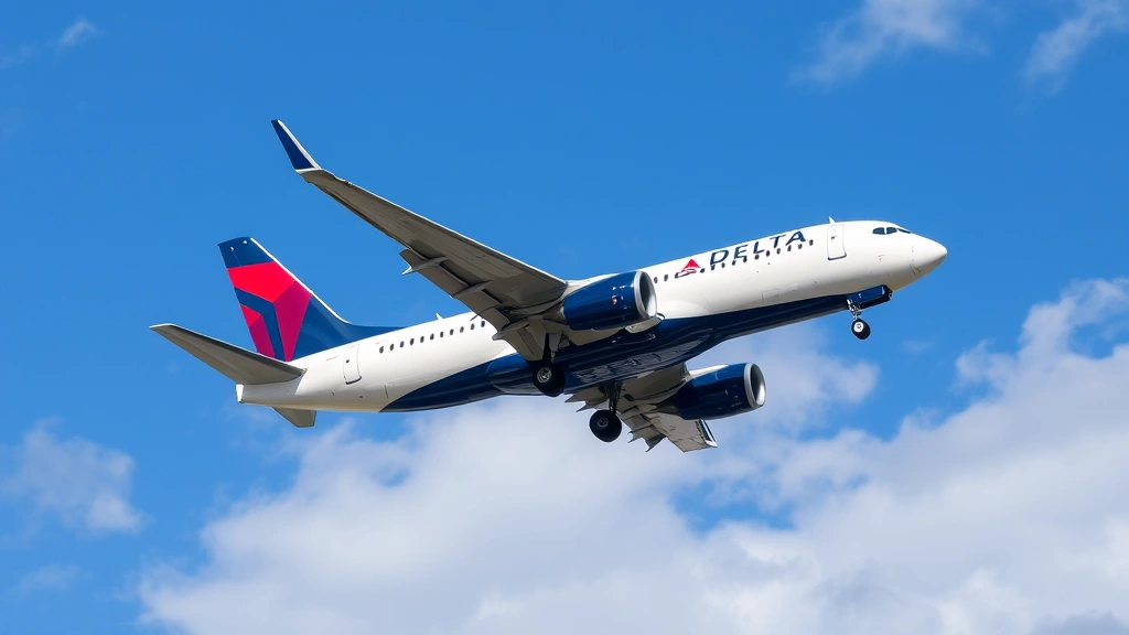Commercial Delta Airlines aircraft in flight against blue sky with white clouds, professional aviation photography, daytime conditions, aircraft banking slightly to show fuselage design