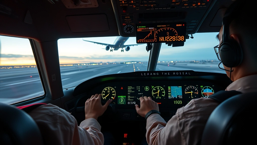 Modern cockpit interior showing pilot hands on control yoke during landing approach, instrument panels glowing, focused concentration, realistic detail