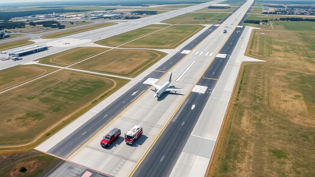 Cecil Airport runway from aerial perspective showing emergency vehicles positioned alongside, clear weather, ground infrastructure visible, emergency response setup demonstrated