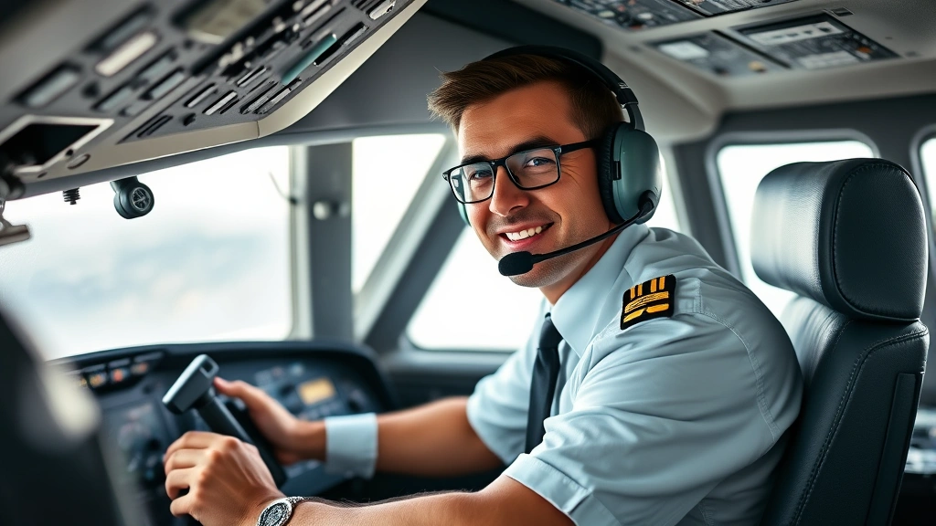 Experienced airline pilot in cockpit wearing uniform and headset, hands on control yoke during flight operations, professional aviation environment, natural lighting from cockpit windows