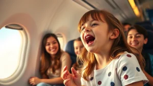 Young girl singing joyfully on airplane cabin, warm cabin lighting, other passengers smiling in background, authentic candid moment, window showing clouds outside